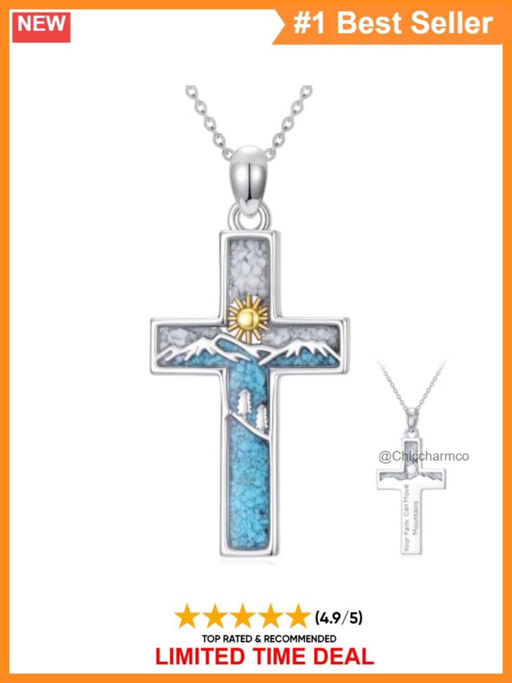 Sterling Silver Turquoise Mustard Seed Cross Mountain Pendant Necklace